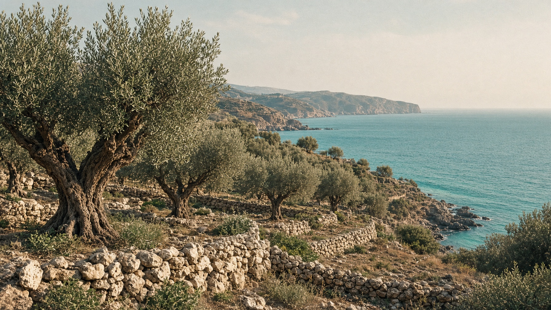 Olive terraces falling toward a turquoise Mediterranean sea