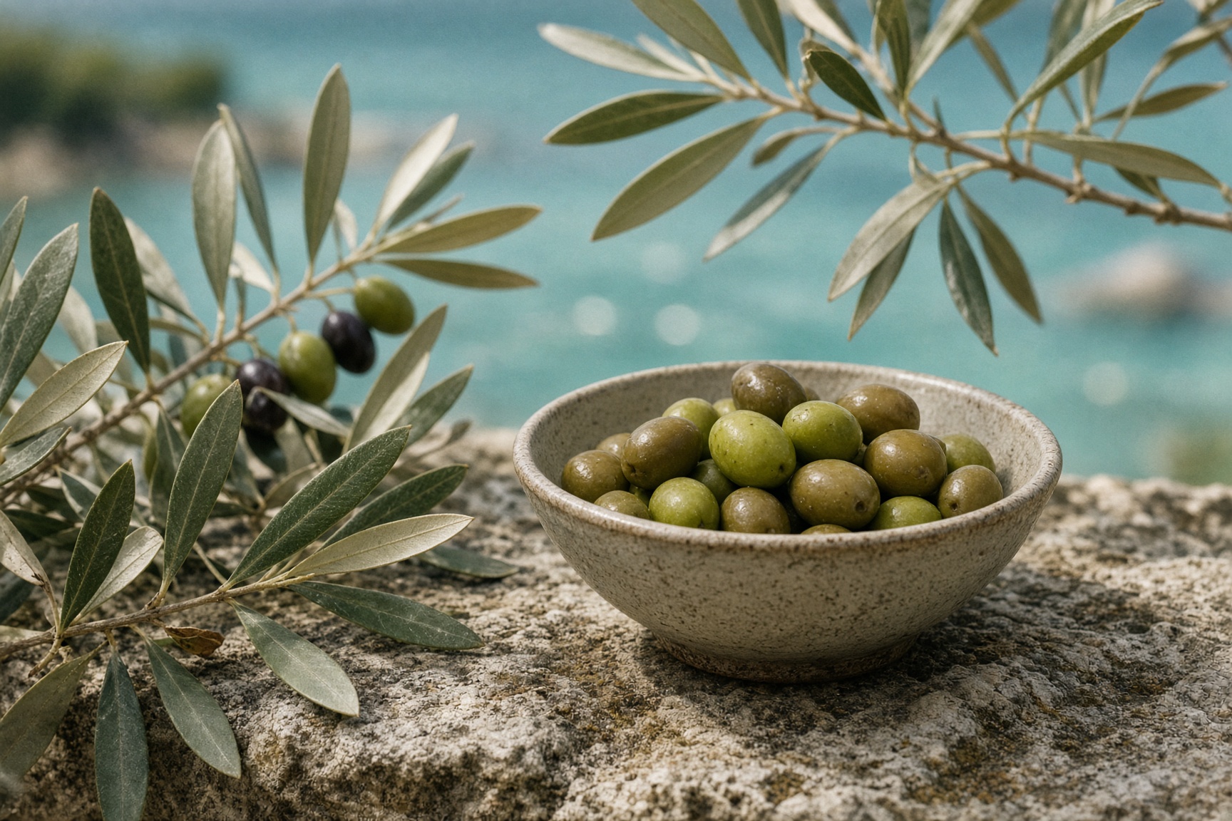 A bowl of olives with the sea behind